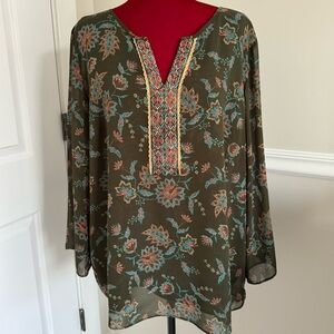 Belle by Kim Gravel olive green boho blouse with embroidery size XL